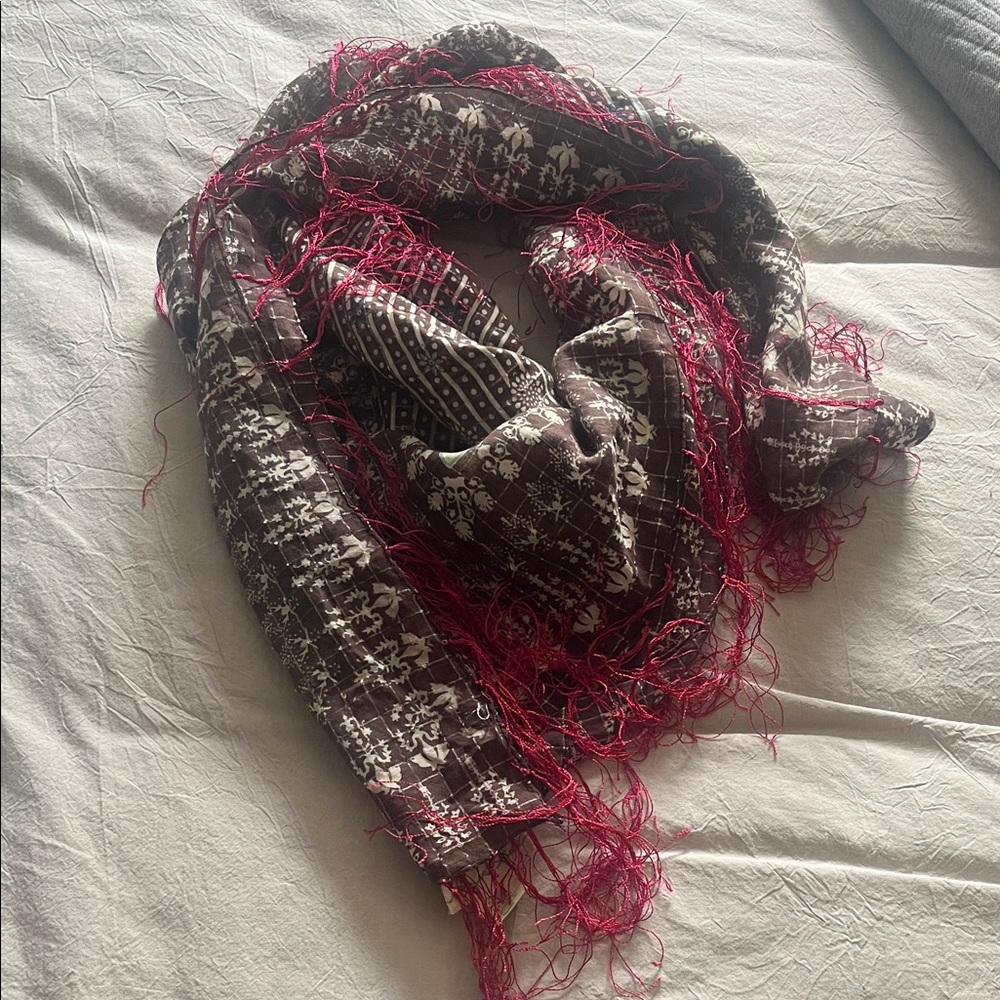 Brown Patterned Scarf with Pink Fringe